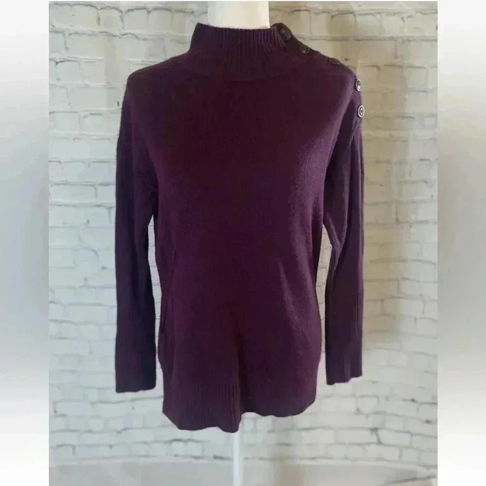 Talbots Plum Purple Mock Neck Knit Long Sleeve Sweater Button’s Woman’s size M